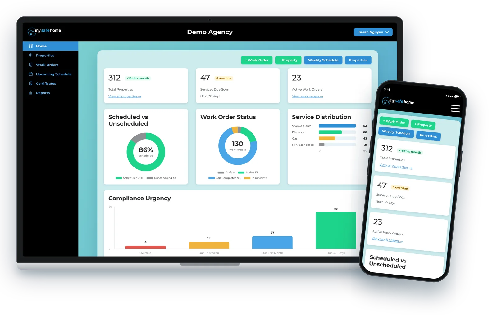 The My Safe Home portal dashboard on a laptop and a phone, showing properties, work orders and compliance due dates